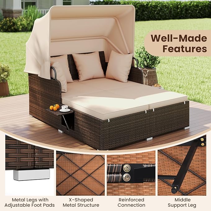 Tangkula Patio Rattan Daybed with Retractable Canopy, Outdoor Wicker Sunbed with 2 Foldable Side Tables, Thick Seat & Back Cushions, Outside Double Daybed for Garden, Backyard, Porch, Beige & Brown TANGKULA