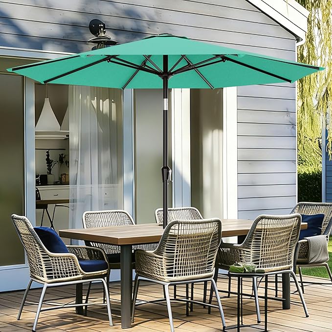 AreShark 9 FT Patio Umbrella for Outdoor, Outdoor Umbrella with Push Button Tilt and Crank, Outdoor Patio Umbrellas with 8 Sturdy Ribs for Market, Garden, Deck, Backyard, Pool (Peacock Blue) Rootora