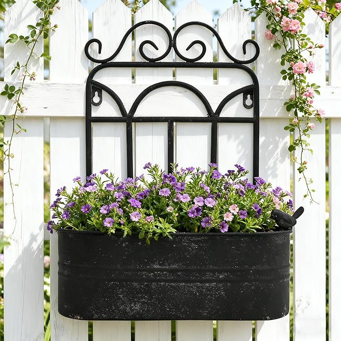 Rustic Metal Wall Planter Vintage Wall Mounted Flower Pot Distressed Wall Hanging Plant Basket Farmhouse Wall Decor for Indoor Outdoor Garden Home Yard (Black) Rootora