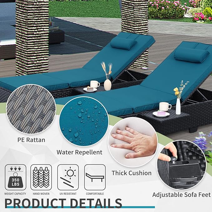 WAROOM Outdoor Chaise Lounge Chairs for Outside Patio Furniture Set of 2 Wicker Recliner Black Rattan Sunbathing Lounger Adjustable Backrest Pool Reclining Chair, Peacock Blue Cushion WAROOM