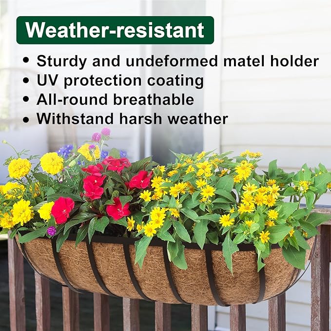 DUNCHATY Railing Planter Window Box - 2 Pack 24" Horse Trough Planter with Coco Fiber Liner - Deck Balcony Rail Planter for Porch Fence Patio Outdoor DUNCHATY