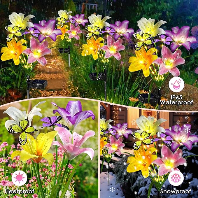 Solar Garden Lights Outdoor, 4 Pack Flower Lights for Outside, 16 Solar Lilies with Butterflies, Waterproof Garden Decor for Yard, Patio, Gifts for Women Mom (4 pcs Lilies) OSTRITEC