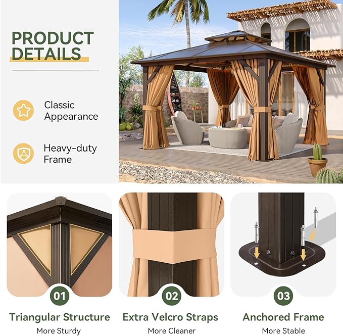 Aoxun 12'x12' Hardtop Gazebo, Aluminum Frame Permanent Pavilion with Curtains and Netting, Outdoor Polycarbonate Double Roof Canopy, Designed for Garden, Lawns, Patio, Brown Aoxun