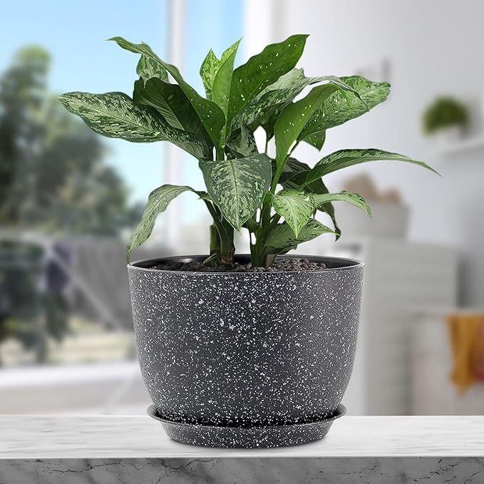 12 inch Big Plant Pots, Plastic Planters with Drainage Holes and Trays, Large Flower Pots for Indoor Outdoor Plants, Modern Decorative Pots for Garden House Plants, Speckled Black Meowell