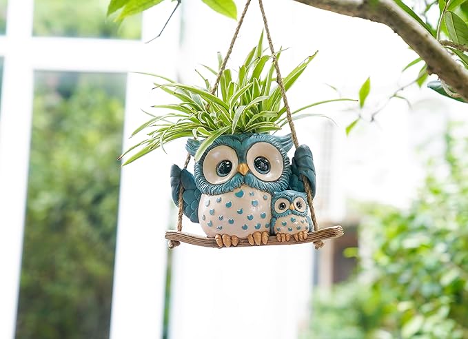 Swing Owl Hanging Planters for Indoor Plants, Cute Small Succulent Pots with Drainage Hole, Unique Resin Plant Hangers Outdoor, Hanging Plant Holder for String Of Pearls, Gift Ideas for Mother Saysmile