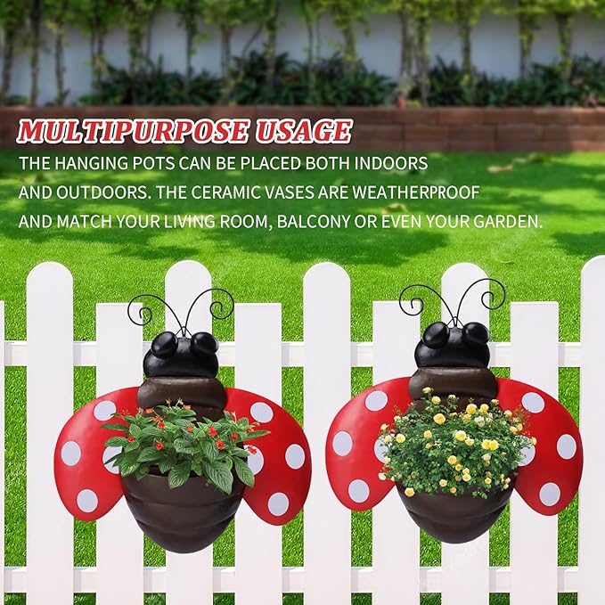Metal Wall Planter Ladybug Wall Mounted Planters Small Flower Pot with Drainage for Indoor Outdoor Farmhouse Hanging Planter Succulent Plant Container Vertical Garden Yard Decor Chonsun