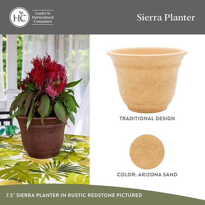 The HC Companies Sierra Round Self-Watering Pot - Lightweight Plastic Planter for Herbs & More - Durable Plant Pots for Indoor Plants & Outdoor Plants (7.5” Arizona Sand, Pack of 1) TheHCCompanies