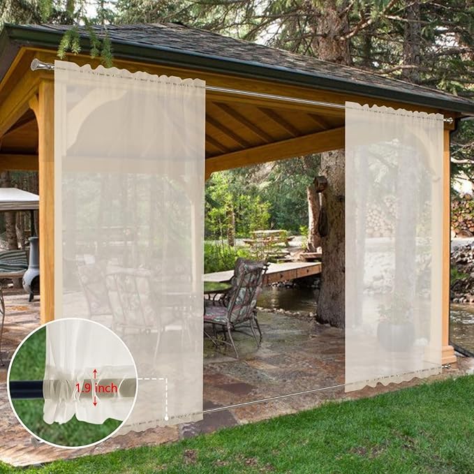 SpaceDresser Waterproof Outdoor Sheer Curtains for Patio - 4 Panels Rod Pocket Indoor Voile Sheer Curtain for Living Room,52W x 96L inch, Ivory SpaceDresser
