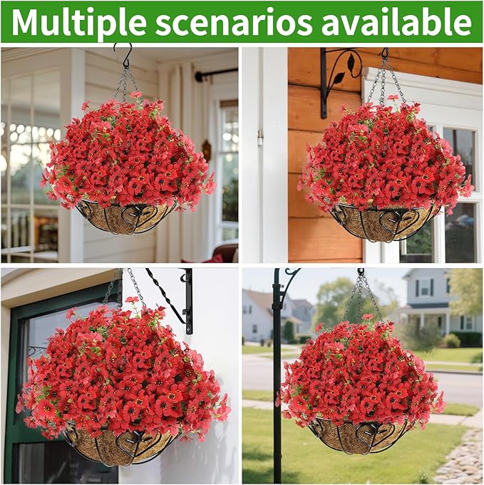 Artificial Hanging Flower for Outdoors, Fake Hanging Basket for Outside,1 Hanging Basket with 13 Pcs Faux Silk Flowers for Porch, Balcony and Patio Decor(Red) LetuoClipsClipsandHooks