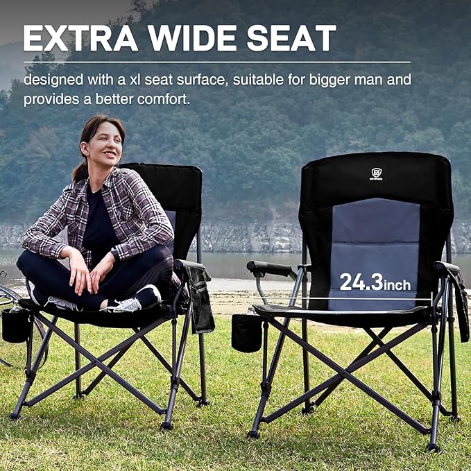 EVER ADVANCED Oversized Folding Camping Chair for Adults, Heavy Duty Lawn Chair with Side Pockets, Portable Collapsible Quad Chair for Outside, Support Up to 500lbs, Black 2PACK EVERADVANCED