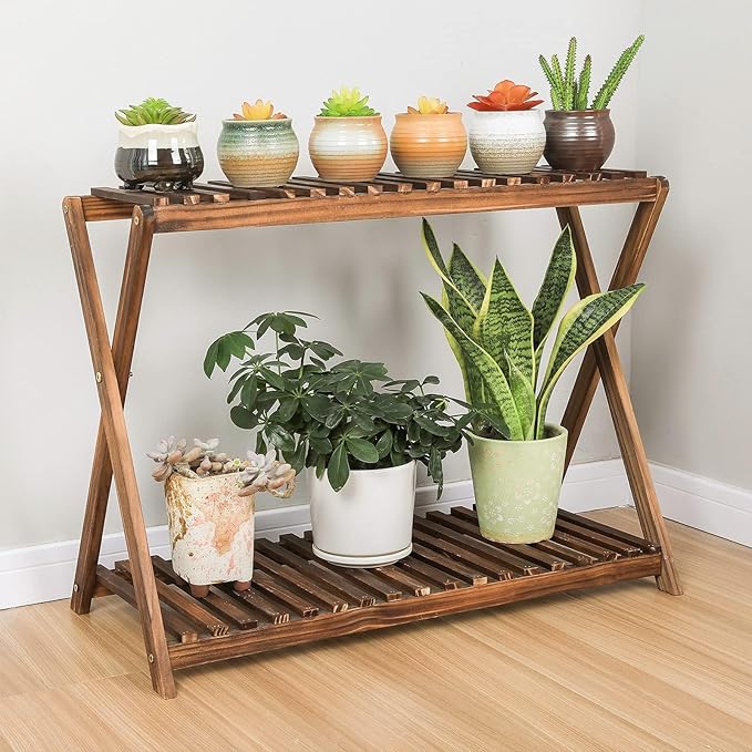 Wooden Plant Stand Indoor 2 Tier Narrow Plant Stand Outdoor Plant Shelf Display Rack Corner Flower Rack Stand for Living Room Garden Patio Balcony (X-Cross Design) Jotboom