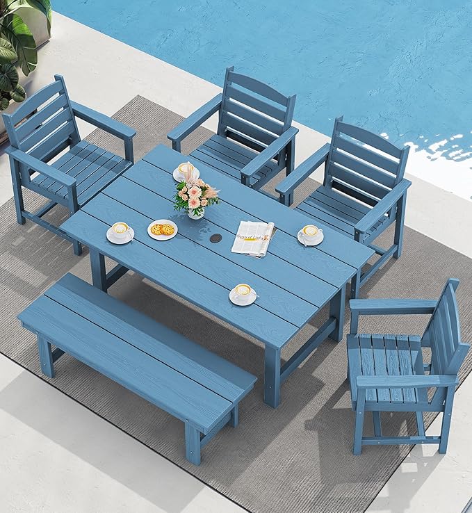 SERWALL Patio Dining Table and Bench Set for 6, Blue SERWALL