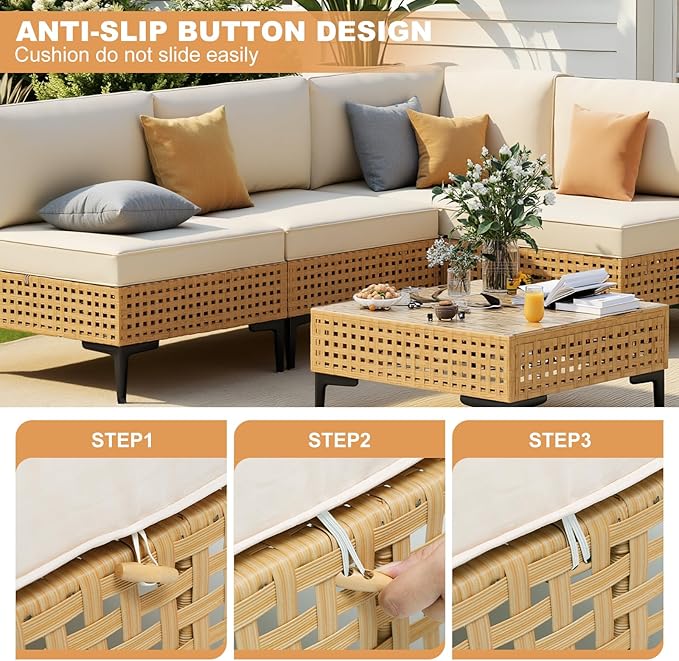 ABCASA Patio Furniture Set, 110" Large 7-Piece Wicker Outdoor Patio Furniture Sets with Anti-Slip Cushions & Coffee Table,Boho Patio Conversation Set Sectional Sofa for Backyard,Porch,Beige ABCASA