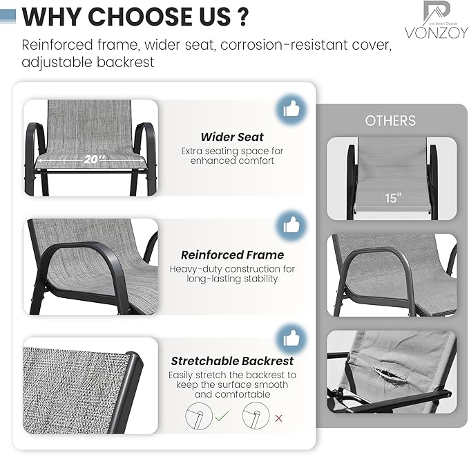 Patio Dining Chairs Set of 8, Outdoor High Stacking Chairs，Breathable Seat Fabric and Alloy Steel Frame for Backyard, Porch, Garden, Sunroom (Light Grey) VonzoyHome
