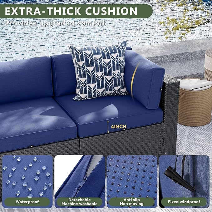 Aoxun 15 Piece Patio Furniture Set with 44” Fire Pit Table, Wicker Rattan Patio Sectional Sofa, Outdoor Furniture Set with Thickened Cushion, Blue Aoxun