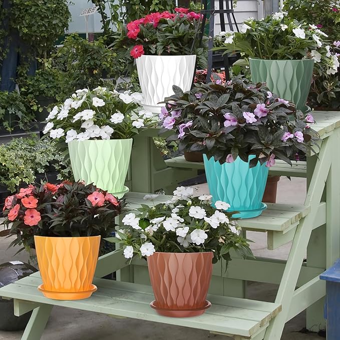 6 Pack 6 Inch Indoor Plant Pots with Drainage Holes, Outdoor Plastic Decorative Flower Pots, Garden Planters with Tray Saucers for Orchids, Violets, Succulents, Herbs, and Other Plants Rootora