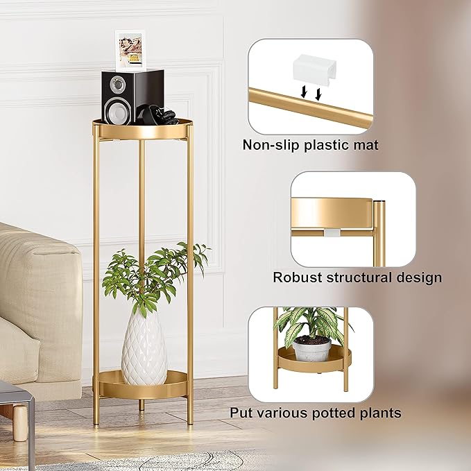 Metal Gold Tall Plant Stand Indoor or Outdoor - 30 inch 2 Tier Modern Corner Planter Shelf Rack with 2 Removable Display Shelves(10 inch) for Bedroom Living Room Balcony Philodwell