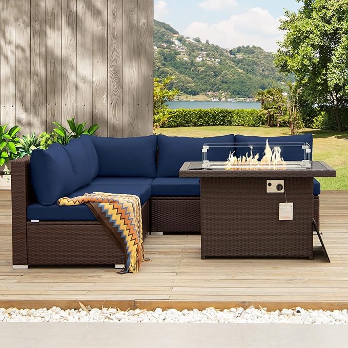 NICESOUL 6 Piece L-Shaped Outdoor Couch with Fireplace Natural Gas/Propane, 29.3'' High Back Wide Seat Patio Conversations for Outside, Oversized Comfy Sectional Furniture Set, Brown/Blue NICESOUL