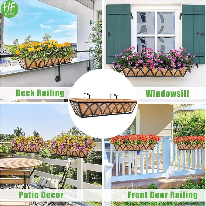 HFHOME 24 inch Window Deck Rail Planter Including Coco Liner, 24" Dia Window Box Horse Trough with Coconut Coir Liners, Black Metal Hanging Flower Planter Basket for Indoor Outdoor Lawn - Set of 2 HFHOME