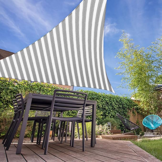 E&K Sunrise 5' x 5' x 5' Sun Shade Sail Triangle Canopy Shade Cover UV Block for Patio Backyard Garden Outdoor (Gray White Strip) EKSUNRISEINC