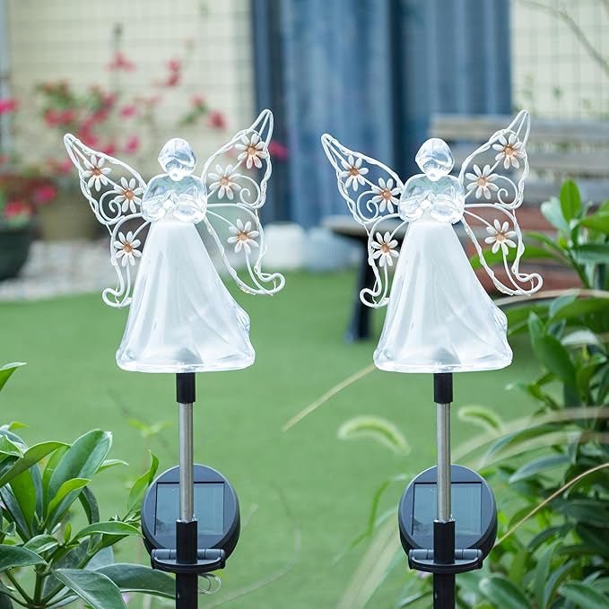 Solar Angels for Cemetery Grave Sympathy Memorial Remembrance Gift Solar Angels for Outside as Yard Decorations Lawn Ornaments Solar Garden Decor, Angel Gifts for Women 2 Pack (Pink Flower) ELFENGARDEN