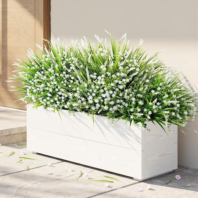 HyeFlora 20 Bundles Artificial Fake Outdoor Plants Flowers for Spring Decoration, UV Resistant Realistic White Plastic Flowers Faux Plant Monkey Grass for Planter Home Garden Porch Patio Window Box HyeFloraartificialflowers
