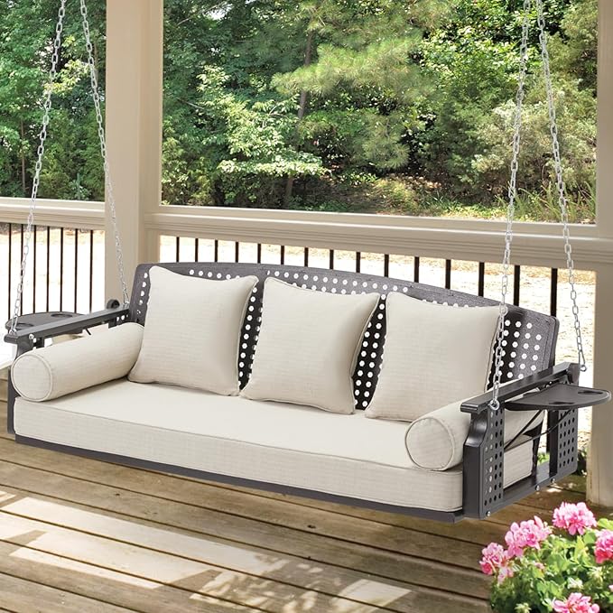 3 Seat Porch Swing, Patio Swing Bench with Cup Holders & 3 Back Cushions, Swing Chair with Chains for Deck Garden Backyard,Beige YALISSEY