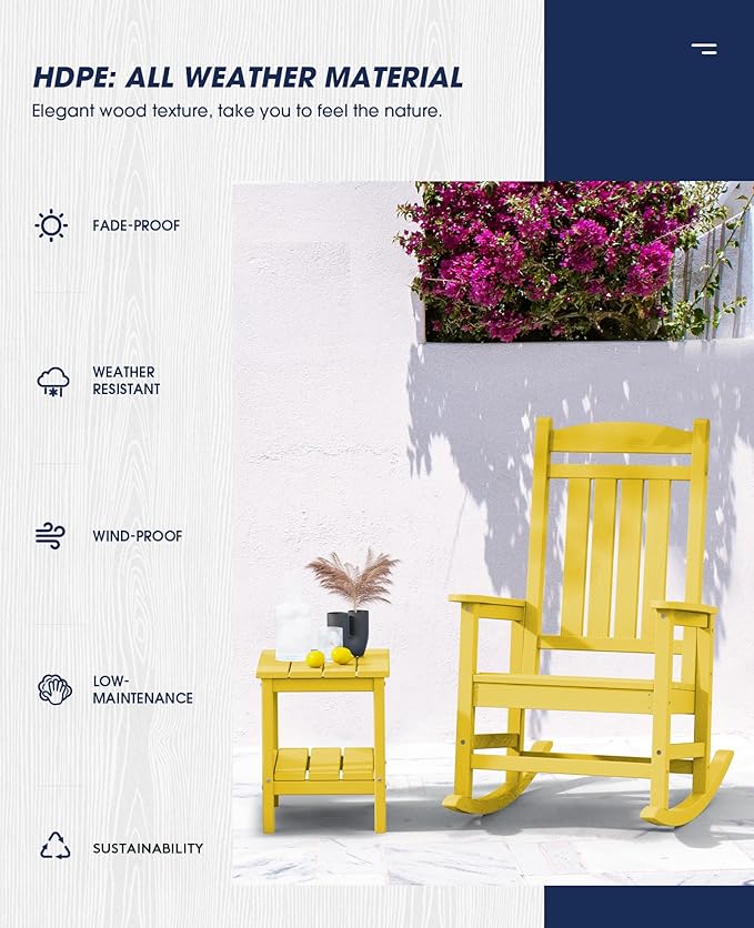 KINGYES HDPE Rocking Chairs Outdoor, Patio Rocking Chairs with 330lbs Support, Smooth Porch Rocker for Deck Lawn Yard, Yellow KINGYES