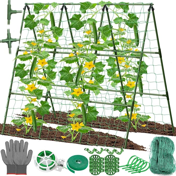 Cucumber Trellis for Raised Bed, 50x 54 inch A-Frame Garden Trellis for Climbing Plants Outdoor, Metal Arch Trellis with Netting, Vegetables Trellis for Grape Pea Bean tetutor