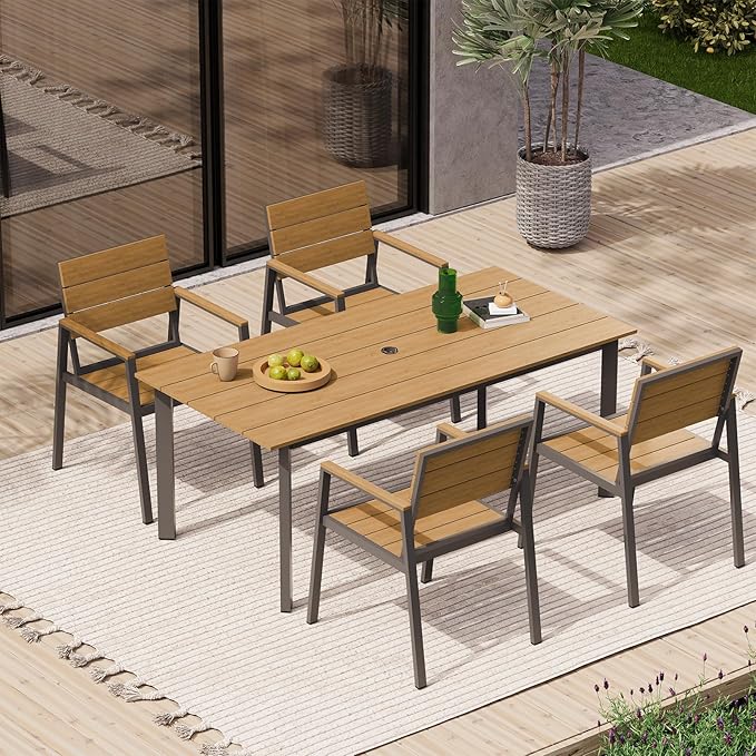 67" Rectangle HDPS Patio Dining Table, Aluminum Outdoor Patio Dining Table with Umbrella Hole, Weather-Resistant for Lawn, Garden, Yard, Poolside and Indoor Use (Gray & Teak) Oasbira