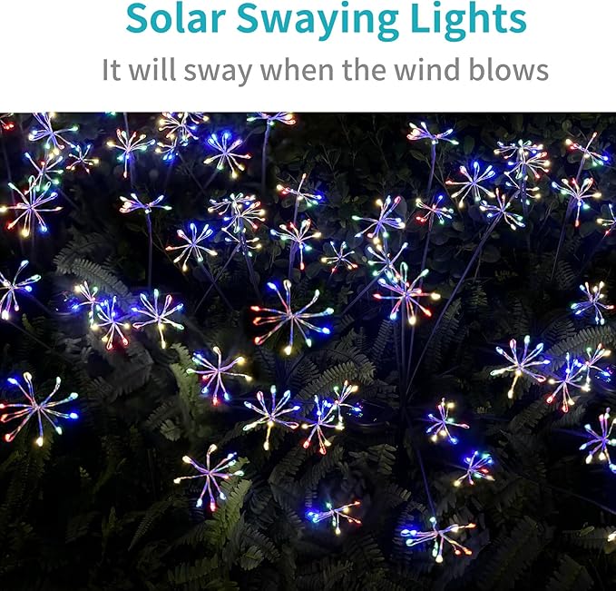 JJGoo Solar Garden Lights, New Upgraded 2 Pack Solar Swaying Starburst Light, Waterproof Fireworks Outdoor Lights, Yard Patio Pathway Decoration, Colorful JJGoo