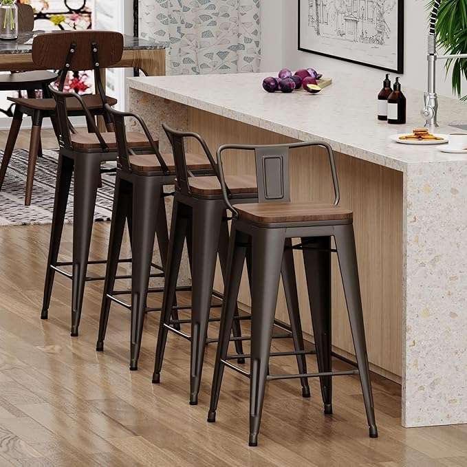 Yongchuang 24 inch Bar Stools Set of 4 Metal Counter Height Bar Stools with Wood Seat Kitchen Low Back Barstools Gunmetal YongchuangInternational