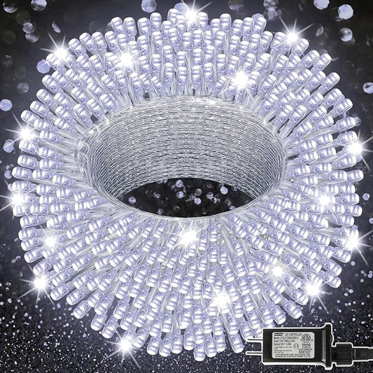 LJLNION 300 LED String Lights Outdoor Indoor, Extra Long 98.5FT Super Bright Christmas Lights, 8 Lighting Modes, Plug in Waterproof Fairy Lights for Holiday Wedding Party Bedroom Decorations ( White) LJLNION