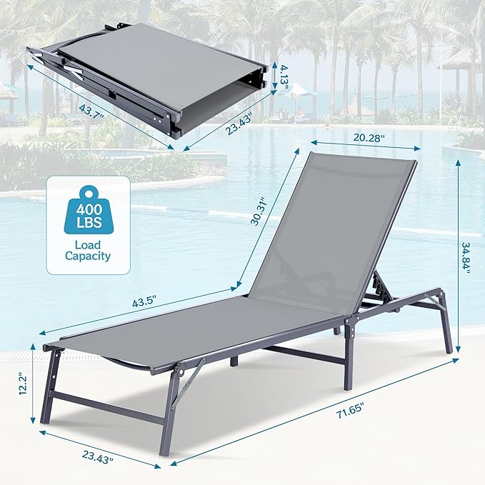 Outdoor Chaise Lounge Chair Set of 2, Foldable & Assemble-Free, 6 Adjustable Positions, Durable Rust-Resistant Frame, Portable Outdoor Pool Lounge Chairs for Pool Patio Beach, Grey HOMELYM