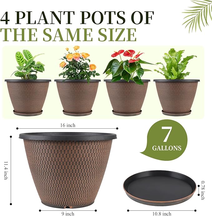 16 inch Plant Pots, Large Planters for Outdoor Plants Set of 4, Round Plastic Flower Pots with Drainage Holes & Trays, Modern Decorative Indoor Garden Pot, Plant Container for House (Black Copper) Svxtoby