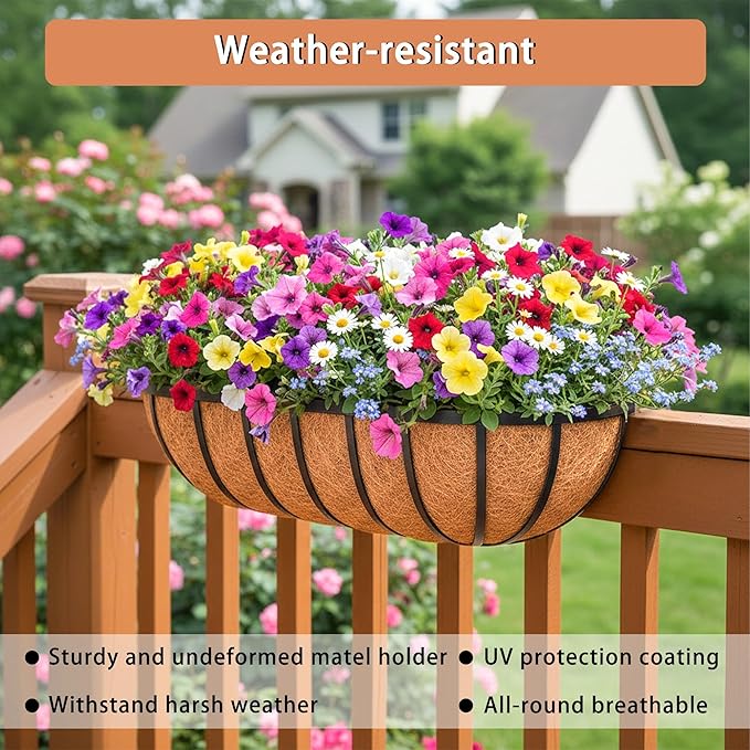 16'' Window Box Railing Planter with Coco Liner,2 Pack Horse Trough Planters Black Metal Hanging Flower Planters Basket for Porch Fence Patio Indoor Outdoor Lawn Qusuxi