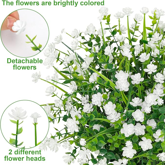 20 Bundles Artificial Flowers for Outdoors Fake Plastic Flowers UV Resistant Realistic Faux Plants Shrubs for Spring Summer Garden Porch Yard Patio Planter Window Box Home Decor, White Besteek