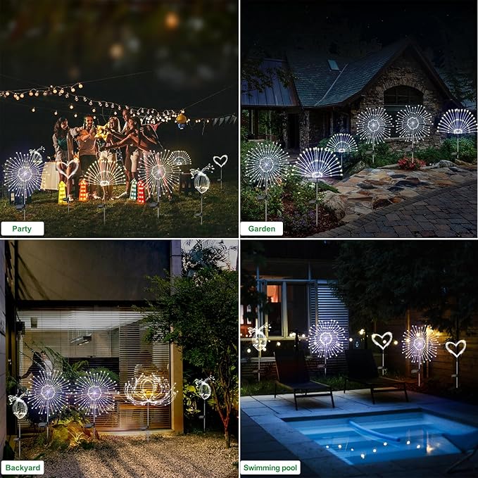 Solar Garden Lights Outdoor Waterproof, 2 Pack 120 LED Solar Firework Lights Decorative Garden Décor Outside for Flowerbed Pathway Party Christmas Decoration, White Slyuexu