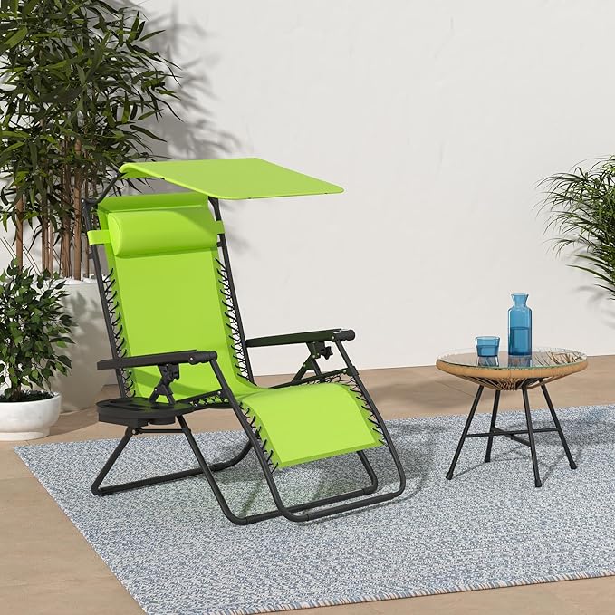 Best Choice Products Folding Zero Gravity Outdoor Recliner Patio Lounge Chair w/Adjustable Canopy Shade, Headrest, Side Accessory Tray, Textilene Mesh - Lime Green BestChoiceProducts