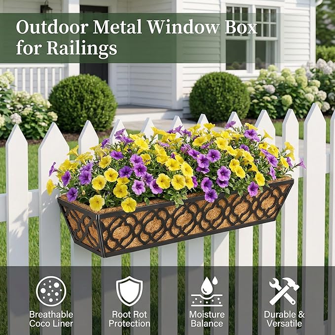 HFHOME 2 Pcs 30" Window Box Deck Railing Planter with Horse Trough Coco Liners, Black Metal Hanging Flower Planters Baskets for Indoor, Outdoor, Balcony, Porch, Fence, Patio, and Lawn HFHOME
