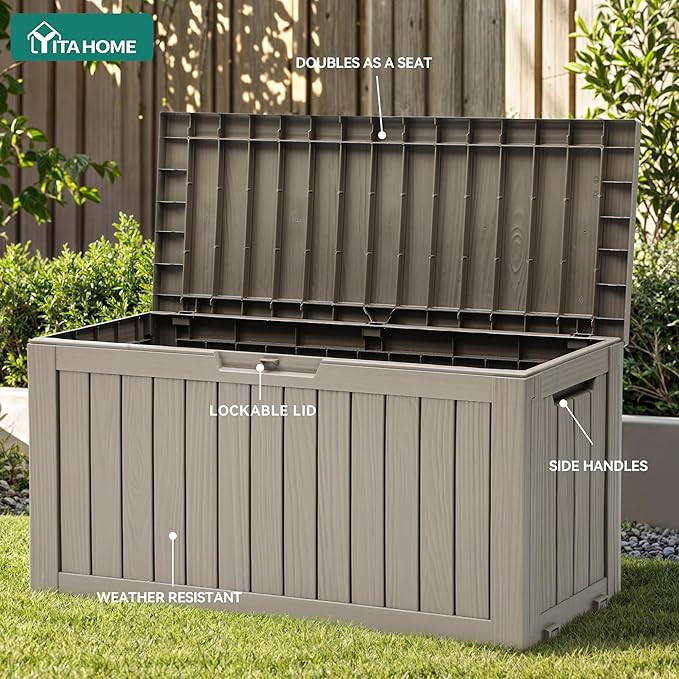 YITAHOME 72 Gallon Outdoor Resin Deck Box with Wheels, Pool Storage Box for Outdoor Cushions, Sports Equipment, Garden Tools, Light Brown YITAHOME