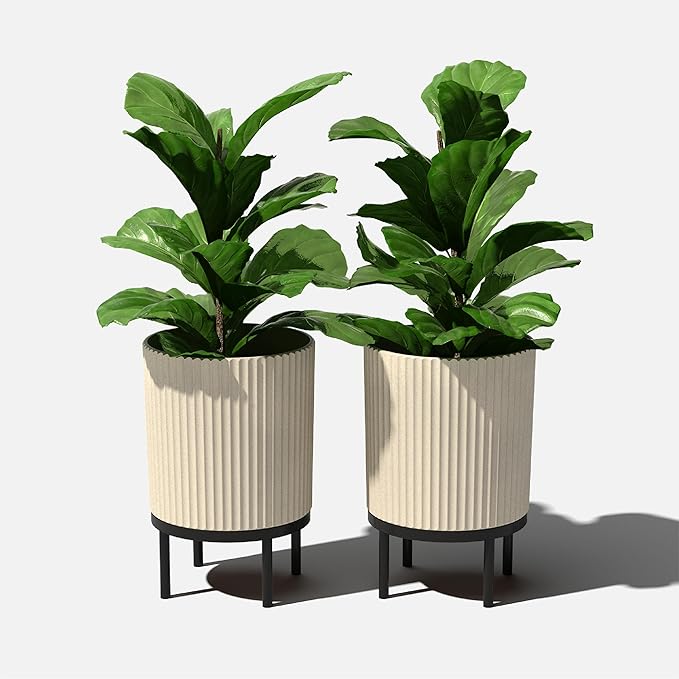 Veradek Demi Series Round Planter w/Stand for Porch/Patio | Durable Plastic-Stone Composite & Wooden Stand | Modern Décor for Tall Plants, Flowers VeradekOutdoor
