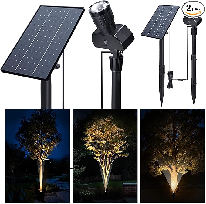 Solar Spot Lights Outdoor, Adjustable Angle Waterproof Landscape Spotlight, All Night LED Uplights Separate Panel, Warm & Daylight Selectable (3000k/4500k/6500k) for Tree Yard Garden 2 Pack Varmtalys