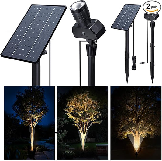 Solar Spot Lights Outdoor, Adjustable Angle Waterproof Landscape Spotlight, All Night LED Uplights Separate Panel, Warm & Daylight Selectable (3000k/4500k/6500k) for Tree Yard Garden 2 Pack Varmtalys