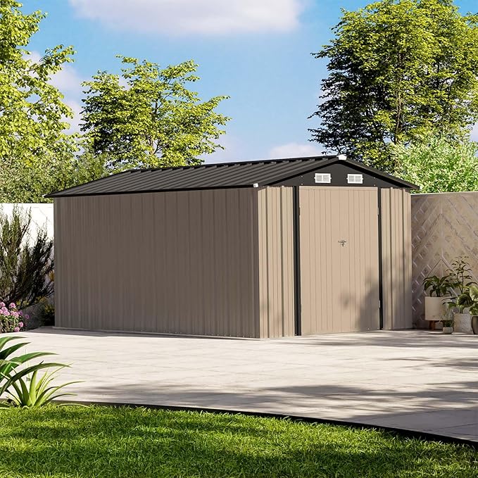 Patiowell 12 x 8 FT Outdoor Storage Shed, Steel Shed Storage House with Design of Lockable Doors, Utility and Tool Storage for Garden, Patio, Backyard, Outside use, Brown Patiowell
