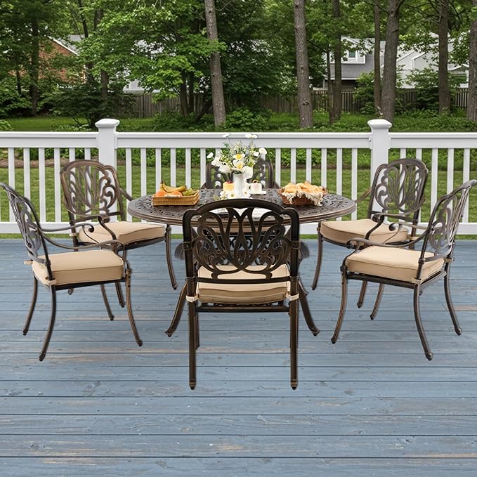7-Piece Cast Aluminum Patio Furniture, Outdoor Dining Sets for 6 Include 54" Round Patio Dining Table and 6 Stackable Chairs with Cushions & Umbrella Hole (Bronze) Rootora