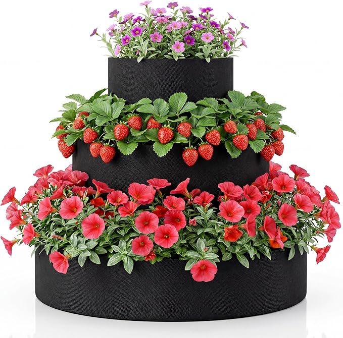 3 Tiered Strawberry Planter for Outdoor Plants, 23.6 Inch Heavy Duty Strawberry Garden Planter Grow Bags, Breathable Non Woven Fabric Raised Garden Bed for Vegetables Flower Herbs Gardening Rootora
