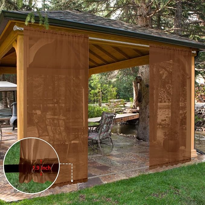 SpaceDresser Waterproof Outdoor Sheer Curtains for Patio - 2 Panels Rod Pocket Indoor Voile Sheer Curtain for Living Room,52W x 108L inch, Brown SpaceDresser
