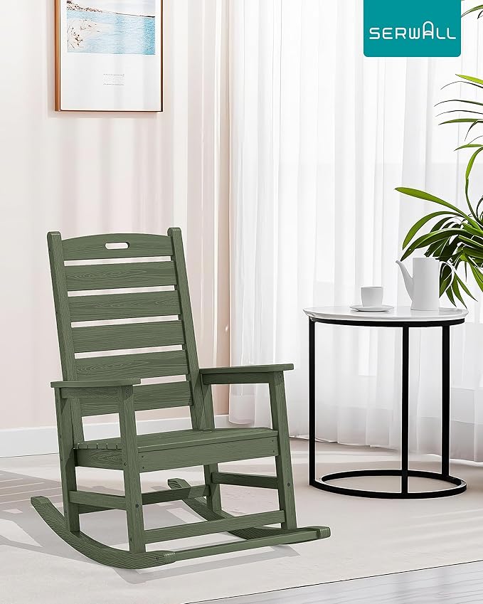 SERWALL Outdoor Rocking Chair Set of 4, Oversized HDPE Patio Rocking Chair with Footrest for Adults, All Weather Porch Rocker for Deck Patio Balcony, Avocado Green SERWALL