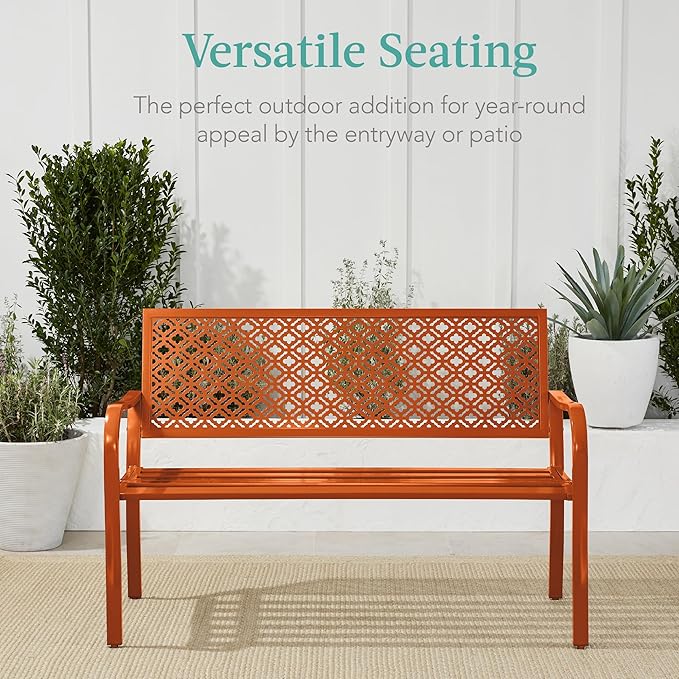 Best Choice Products Outdoor Bench 2-Person Metal Steel Benches Furniture for Garden, Patio, Porch, Entryway w/Geometric Backrest, 790lb Capacity - Carrot BestChoiceProducts